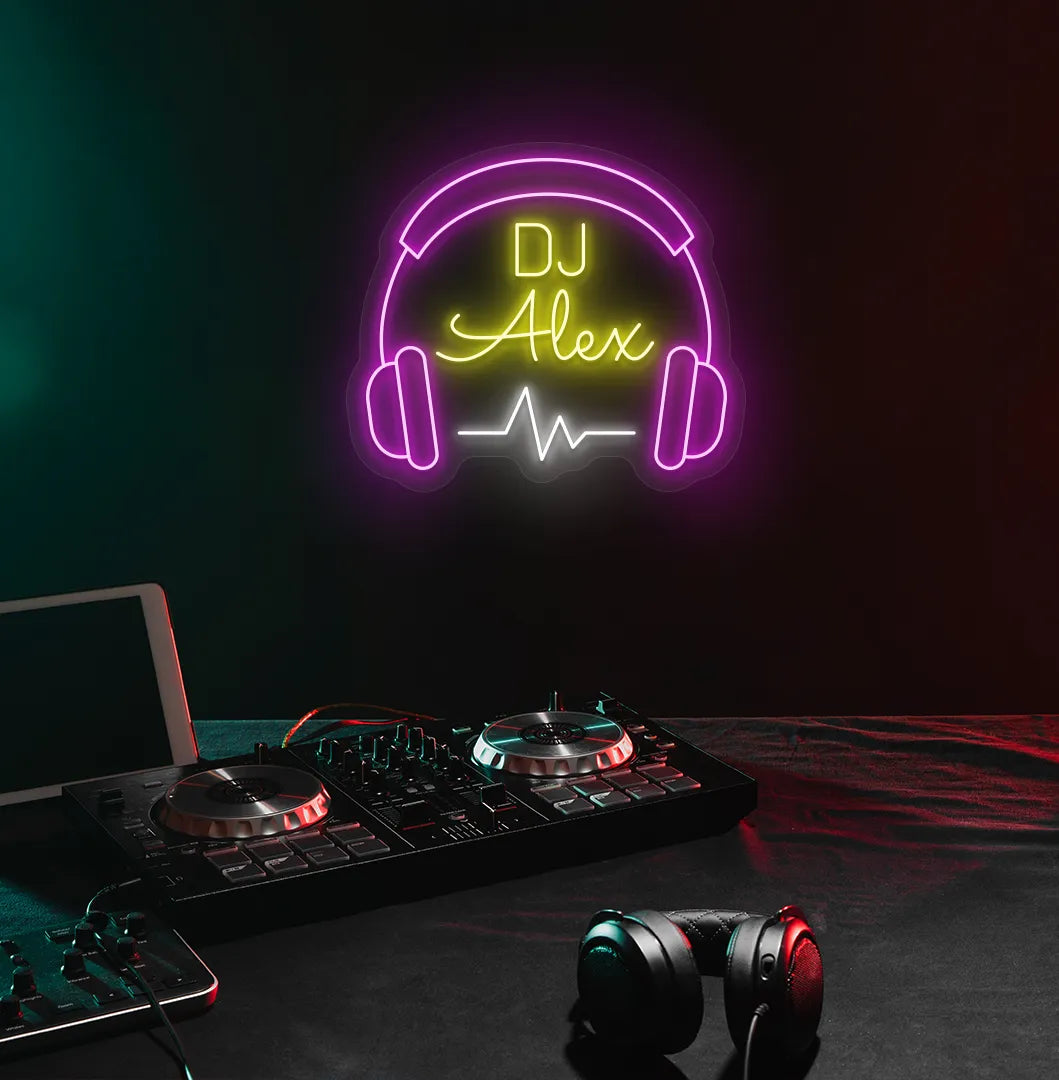 Stylish personalized DJ Name neon sign mounted on aesthetic wall in yellow color.
