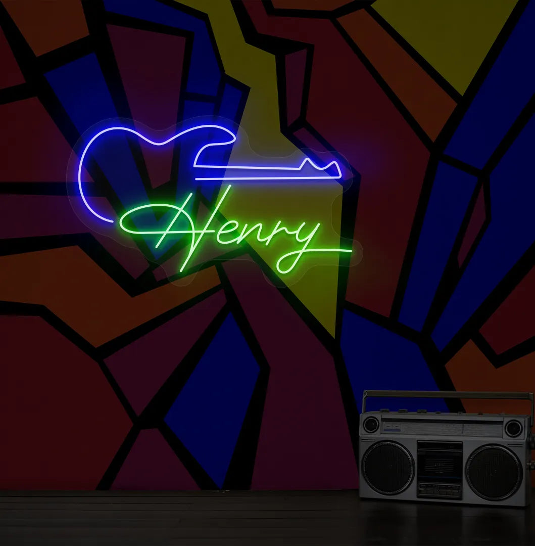 Personalized Guitar with Name LED neon sign mounted on modern music room wall in green color.