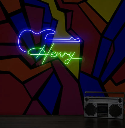 Personalized Guitar with Name LED neon sign mounted on modern music room wall in green color.