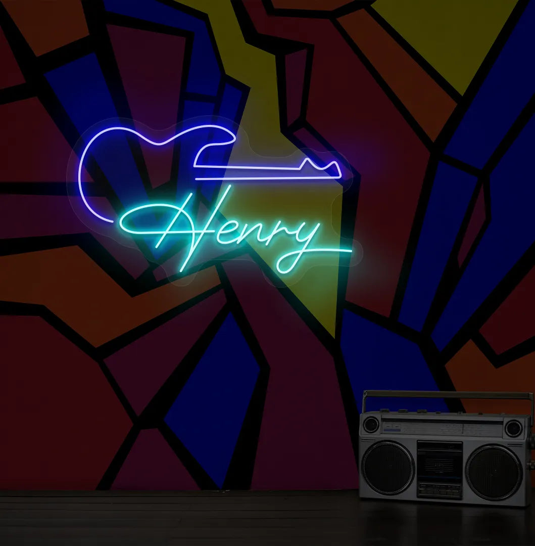 Personalized Guitar with Name neon sign in ice blue color mounted on modern wall decor.
