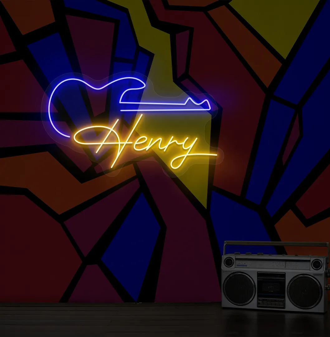 Personalized Guitar with Name LED neon sign mounted on modern music room wall in orange color.