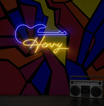 Personalized Guitar with Name LED neon sign mounted on modern music room wall in orange color.