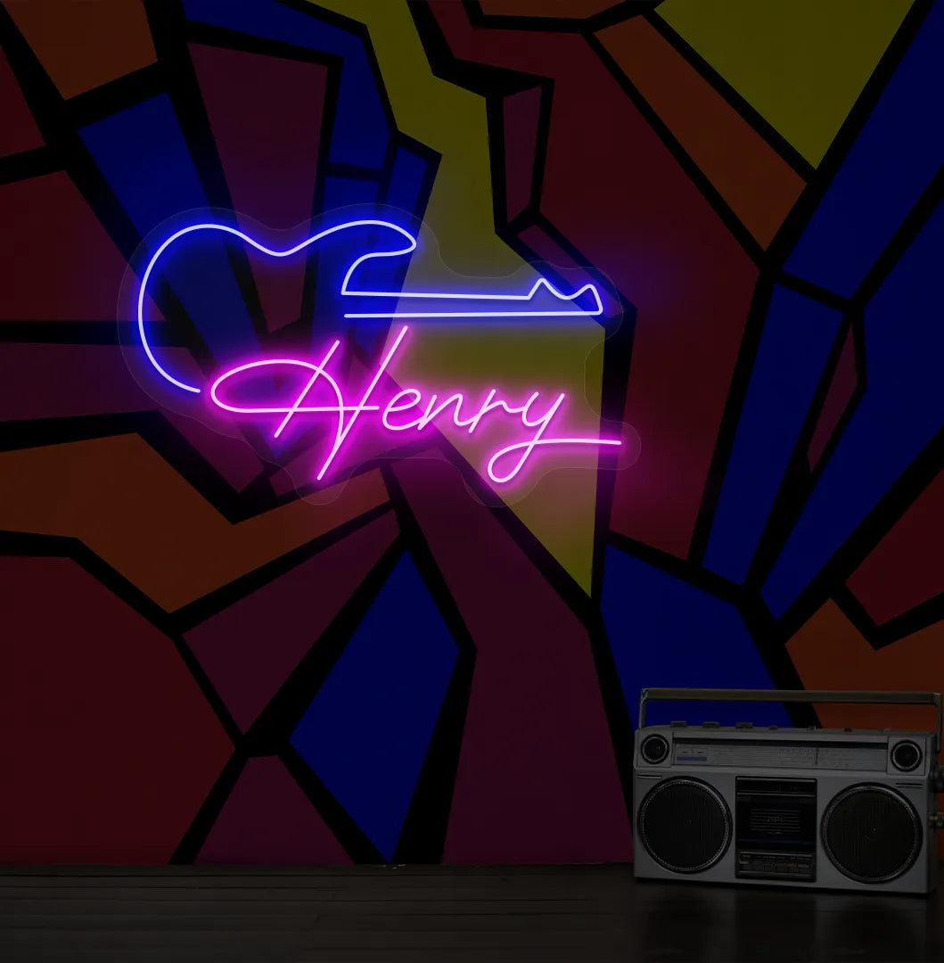 Personalized Guitar with Name neon sign in pink color mounted on modern wall decor.