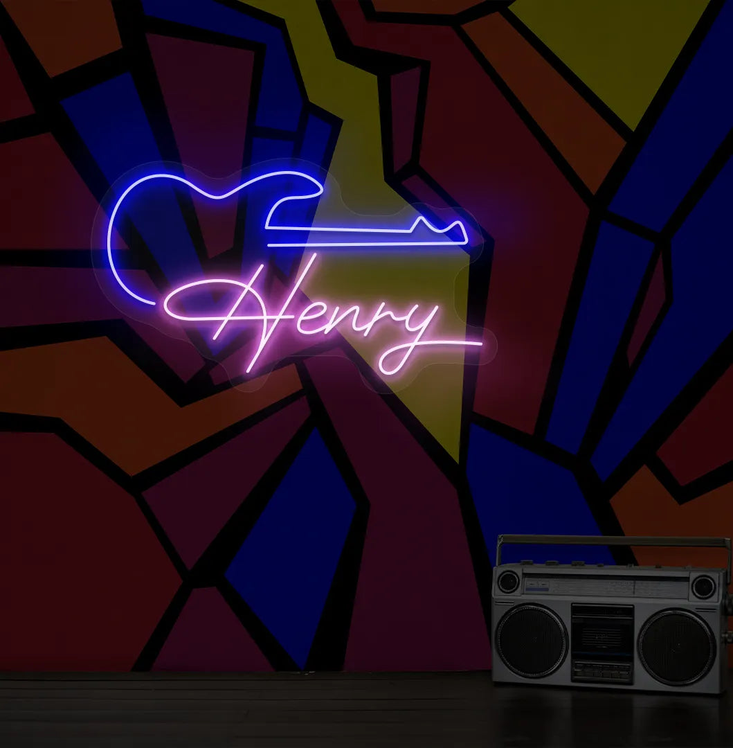 Personalized Guitar with Name LED neon sign mounted on modern music room wall in purple color.