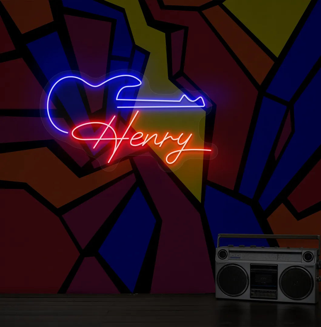 Personalized Guitar with Name neon sign in red color mounted on modern wall decor.