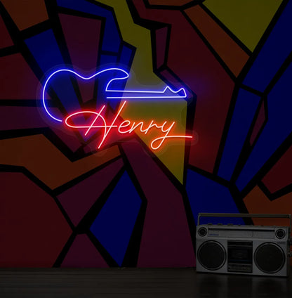 Personalized Guitar with Name neon sign in red color mounted on modern wall decor.
