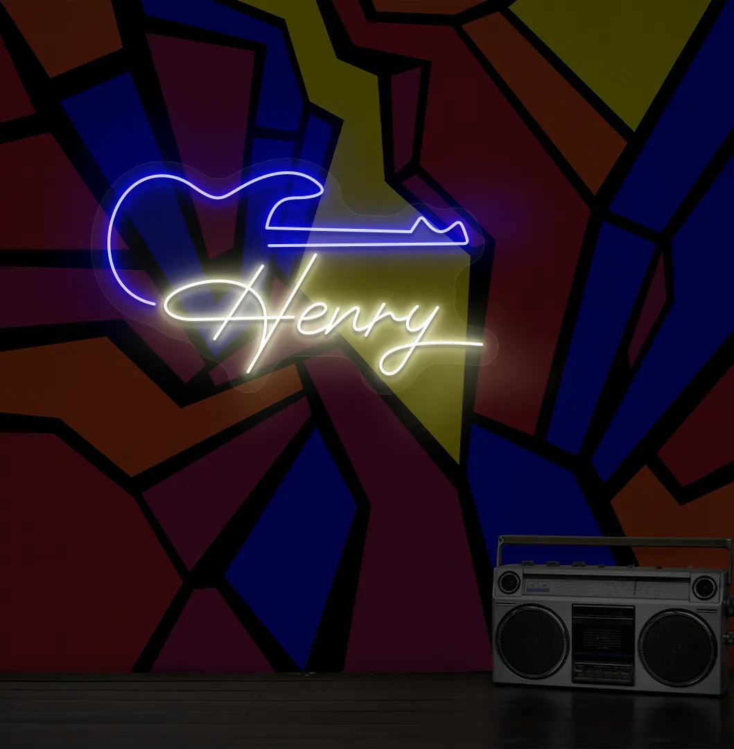 Personalized Guitar with Name LED neon sign mounted on modern music room wall in warm white color.