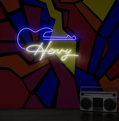 Personalized Guitar with Name LED neon sign mounted on modern music room wall in warm white color.