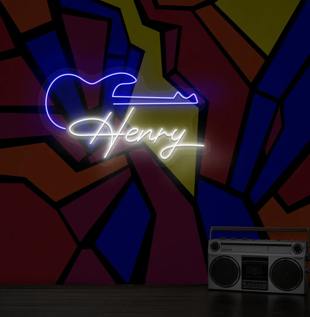 Personalized Guitar with Name neon sign in white color mounted on modern wall decor.