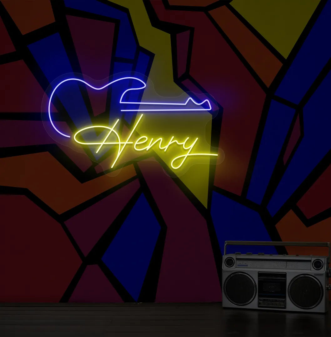 Personalized Guitar with Name LED neon sign mounted on modern music room wall in yellow color.