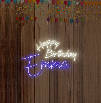 Bright blue personalized Happy Birthday name neon sign for birthday party decoration.