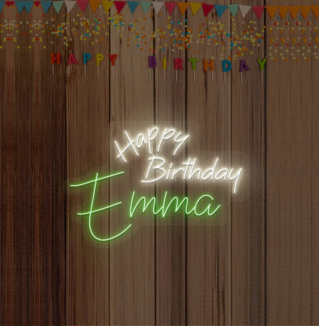 Personalized Happy Birthday Name neon sign mounted on modern birthday party backdrop wall in green color.