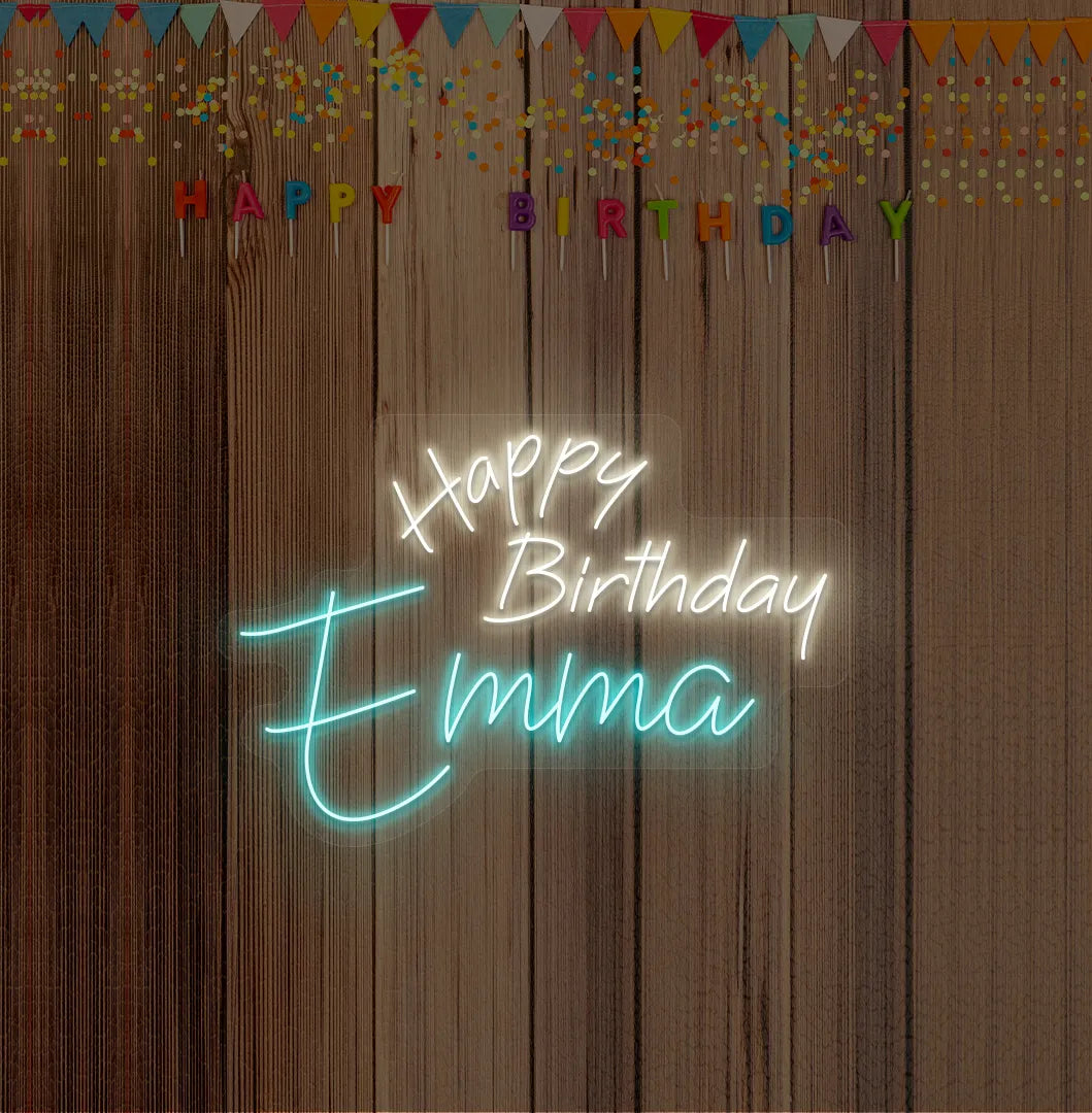 Bright ice blue personalized Happy Birthday name neon sign for birthday party decoration.