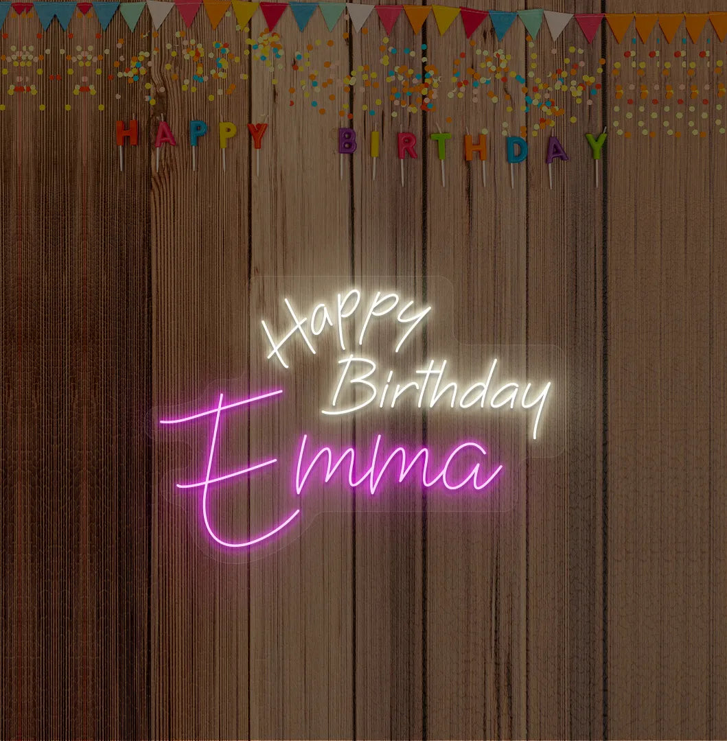 Bright pink personalized Happy Birthday name neon sign for birthday party decoration.