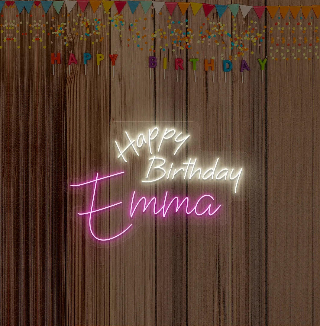 Personalized Happy Birthday Name neon sign mounted on modern birthday party backdrop wall in purple color.