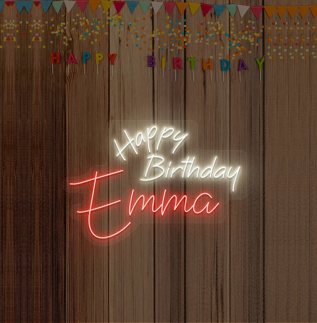 Bright red personalized Happy Birthday name neon sign for birthday party decoration.