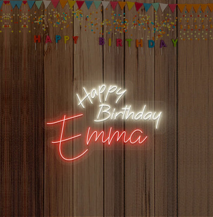 Bright red personalized Happy Birthday name neon sign for birthday party decoration.