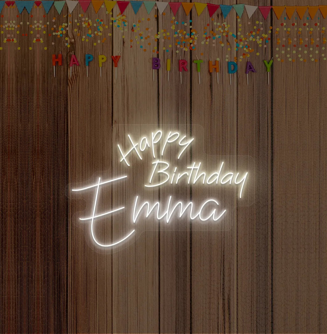 Bright white personalized Happy Birthday name neon sign for birthday party decoration.