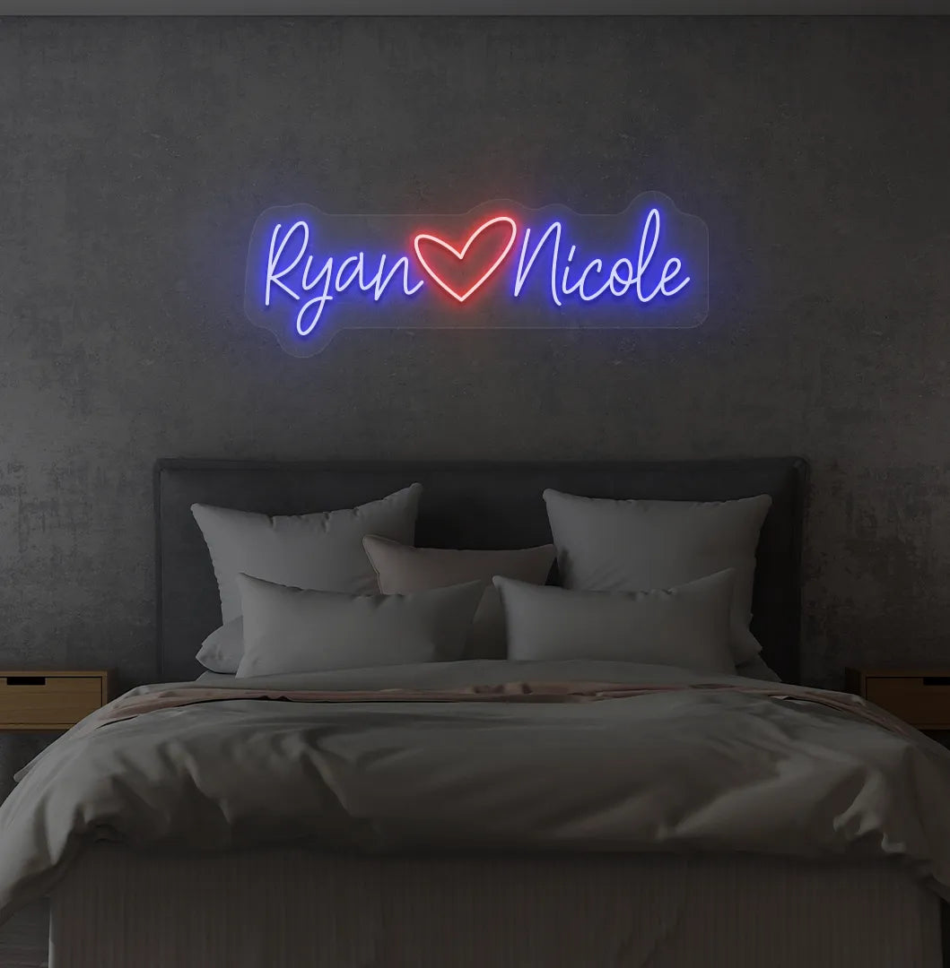 Custom Name neon sign with heart icon in blue color on modern wall.