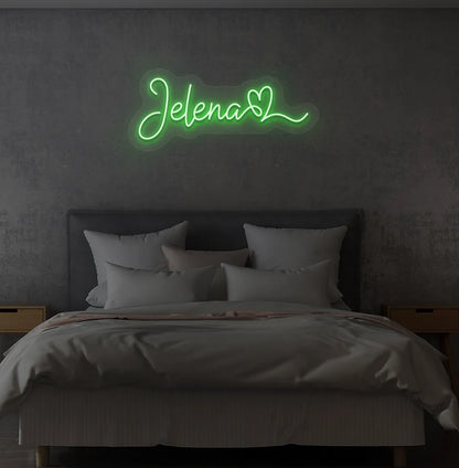 Green LED personalized Name with Heart neon sign for bedroom wall.