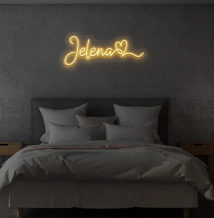 Orange LED personalized Name with Heart neon sign for bedroom wall.