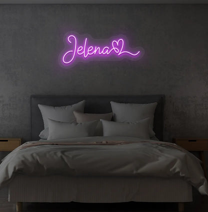 Purple LED personalized Name with Heart neon sign for bedroom wall.