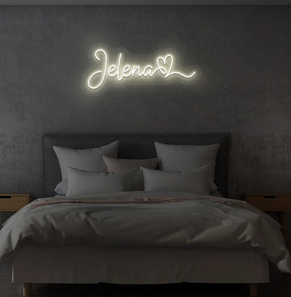 Warm White LED personalized Name with Heart neon sign for bedroom wall.