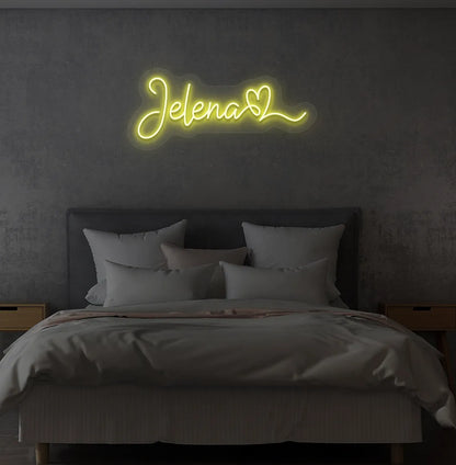 Yellow LED personalized Name with Heart neon sign for bedroom wall.