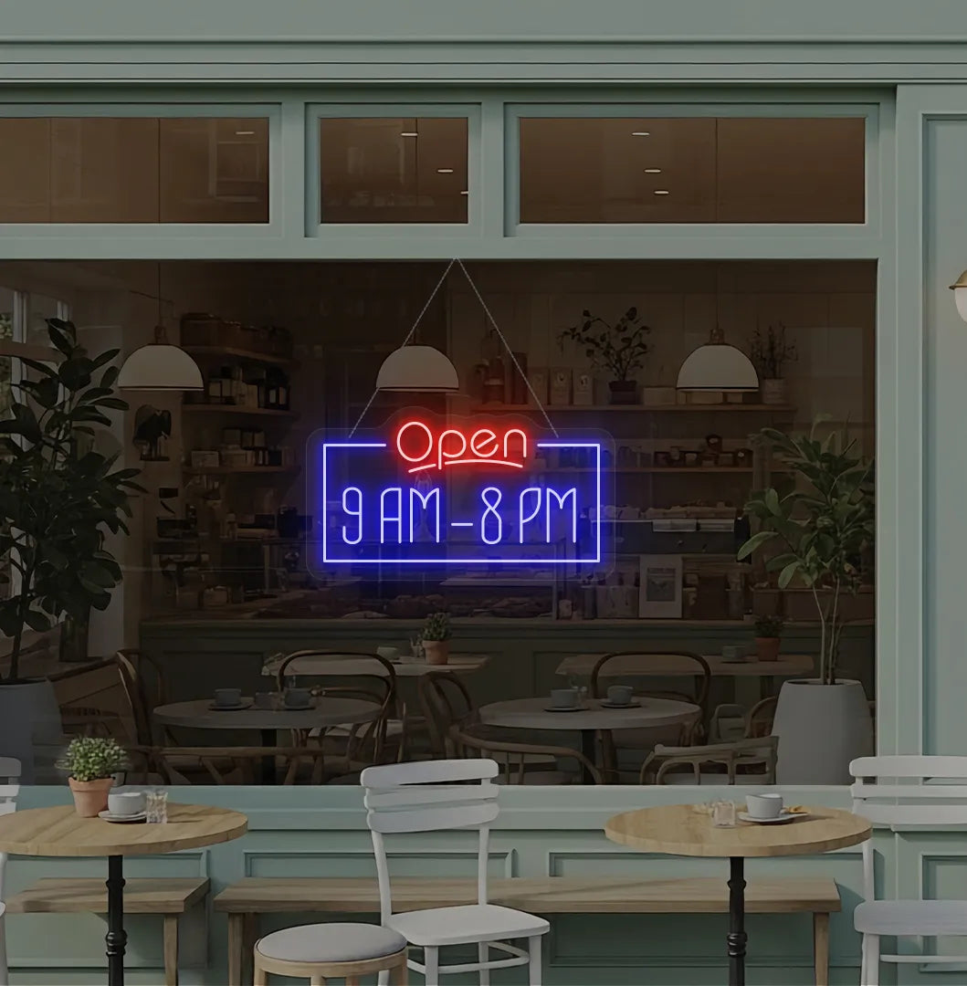 Personalized Open Hours neon sign in blue color hanging on glass window.