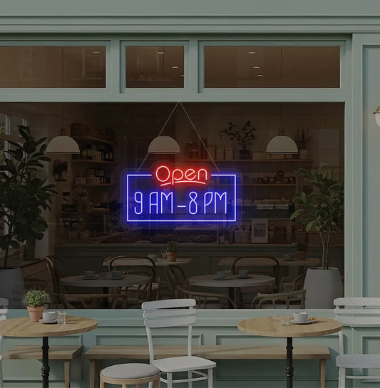 Personalized Open Hours neon sign in blue color hanging on glass window.