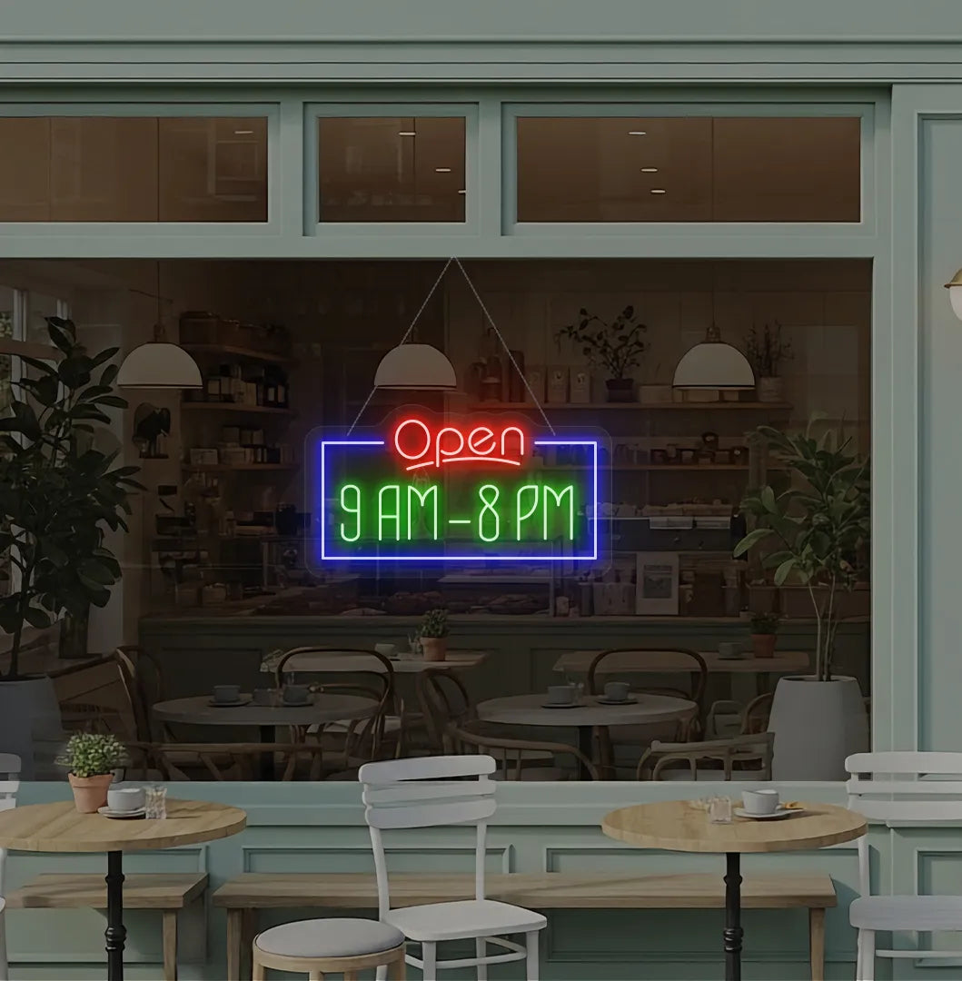 Bright green Custom Open Hours neon sign for storefront decoration.
