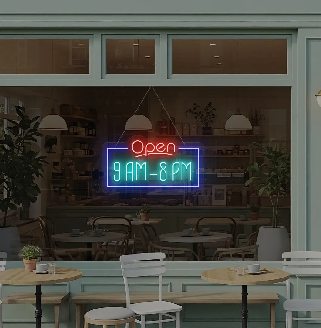 Personalized Open Hours neon sign in ice blue color mounted on glass window.