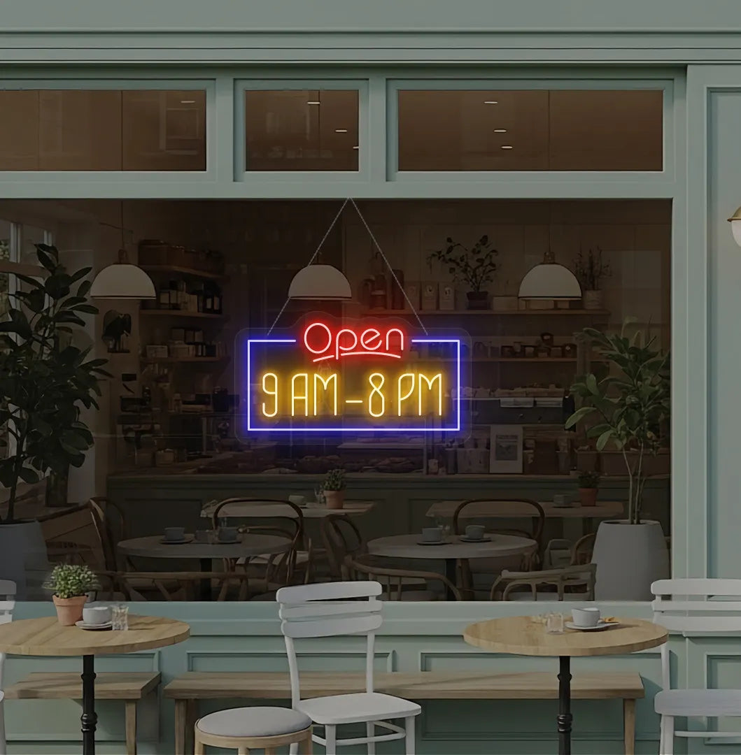 Bright orange Custom Open Hours neon sign for storefront decoration.