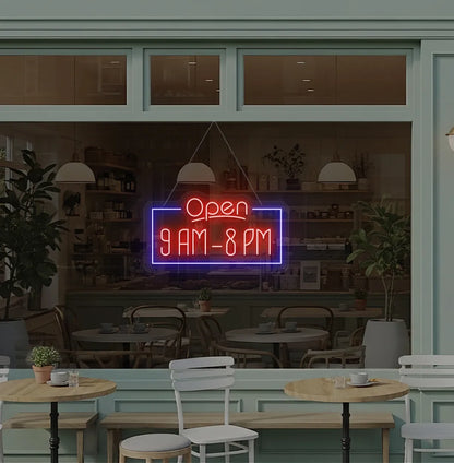Personalized Open Hours neon sign in red color mounted on glass window.