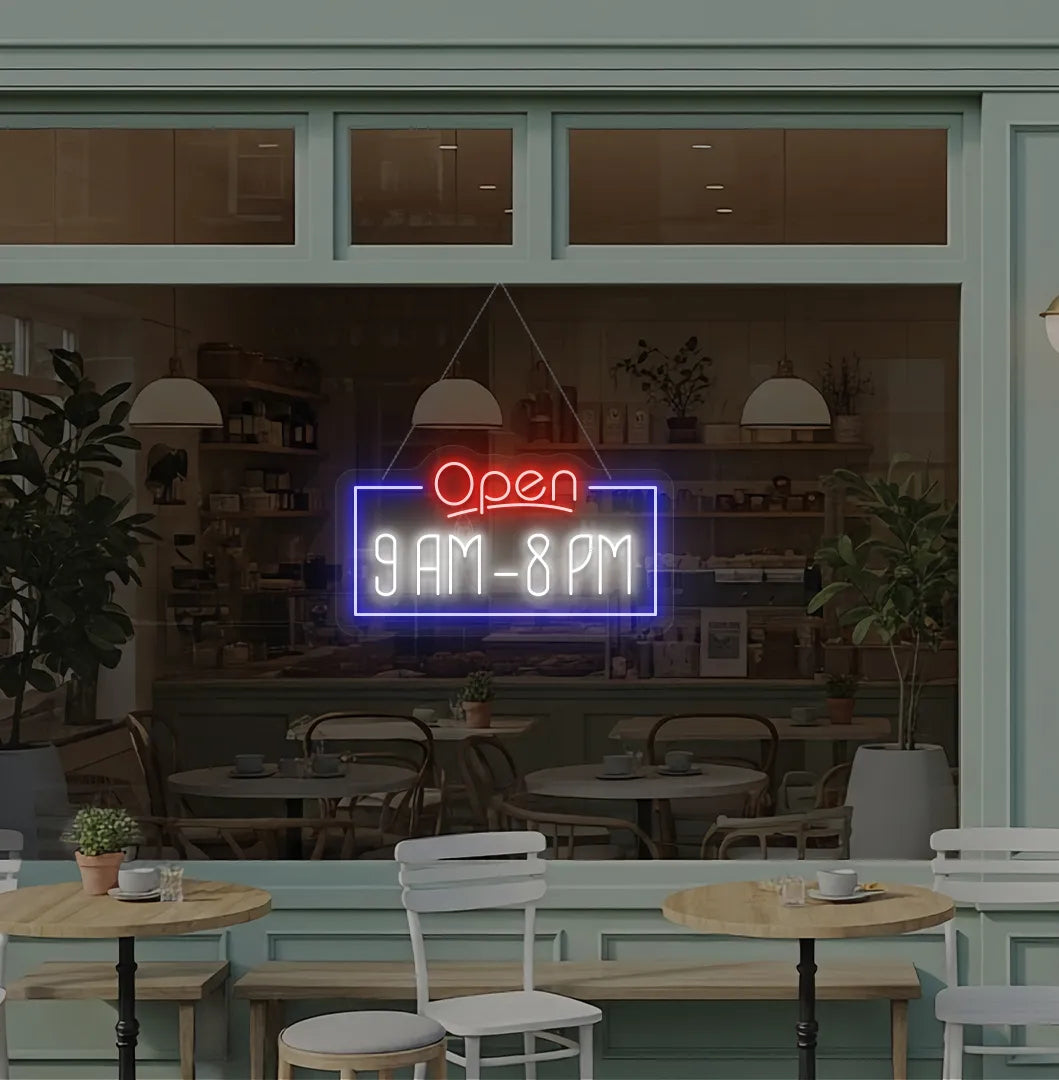 Personalized Open Hours neon sign in white color mounted on glass window.
