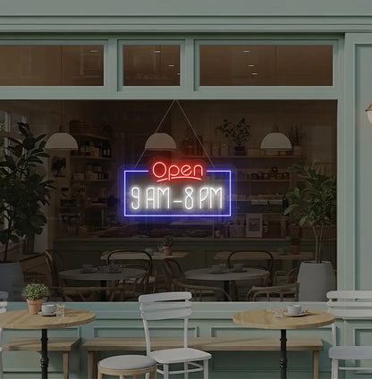 Personalized Open Hours neon sign in white color mounted on glass window.