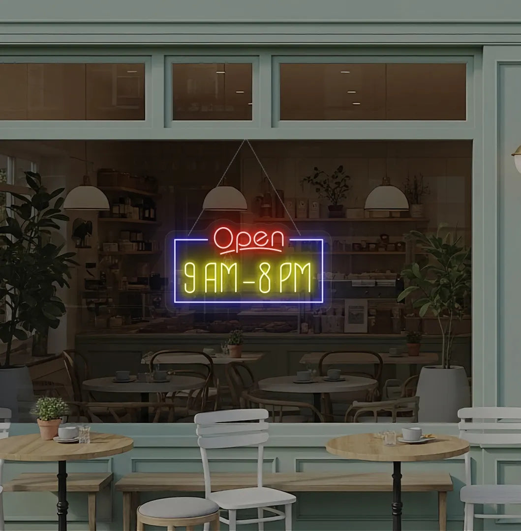 Bright yellow Custom Open Hours neon sign for storefront decoration.