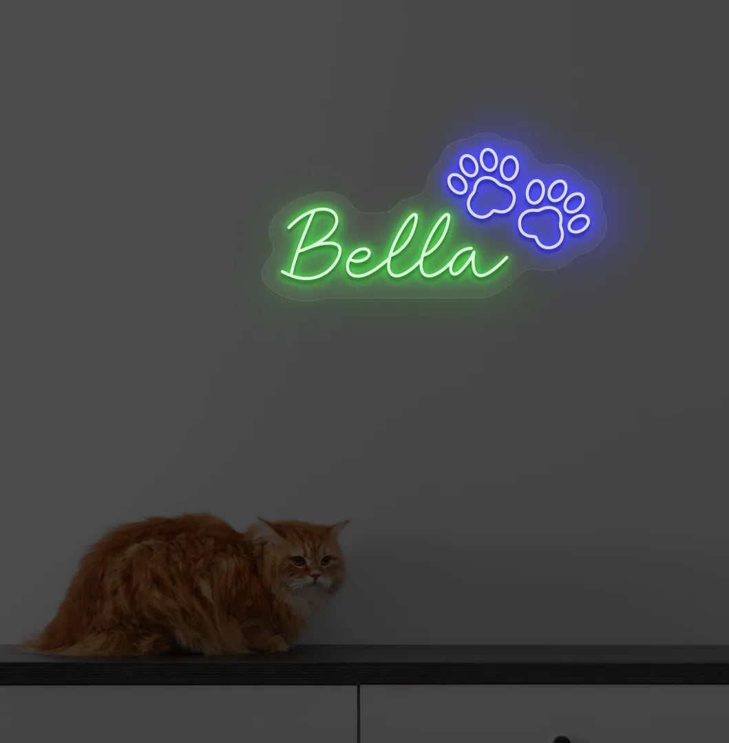Personalized Pet Name LED neon sign mounted on modern home wall in green color.