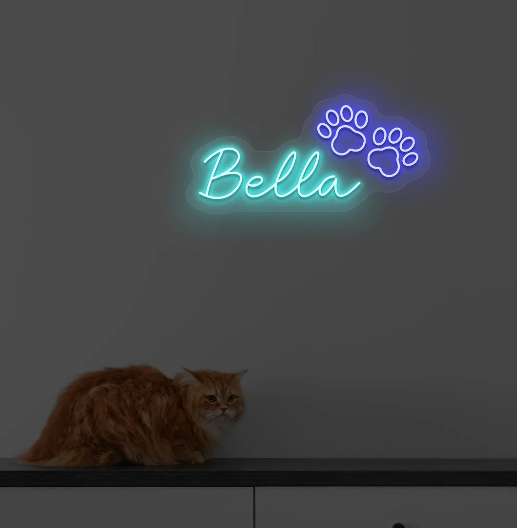 Personalized Pet Name neon sign in ice blue color mounted on modern wall.