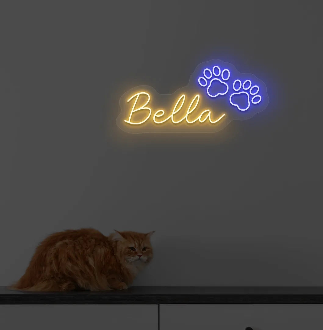 Personalized Pet Name LED neon sign mounted on modern home wall in orange color.