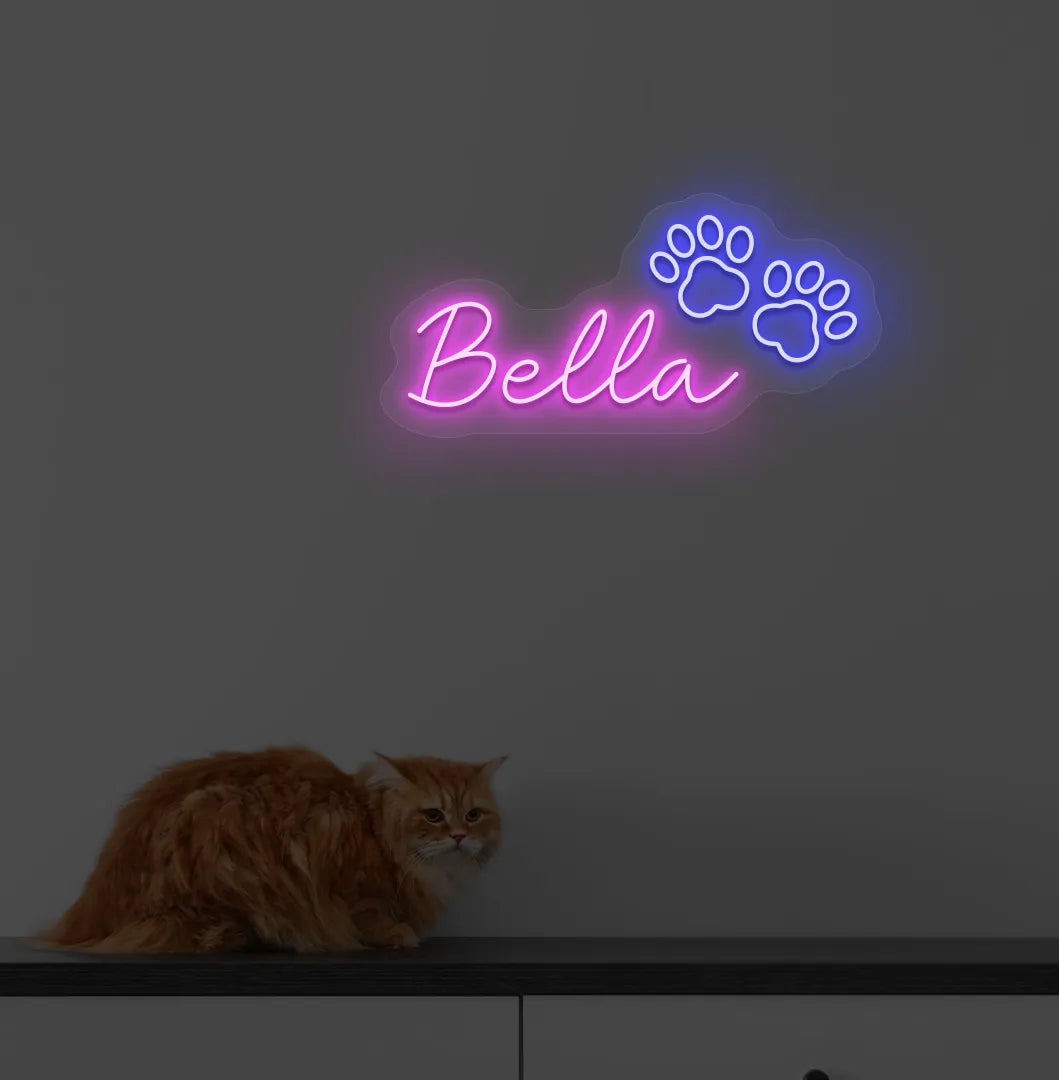 Personalized Pet Name neon sign in pink color mounted on modern wall.