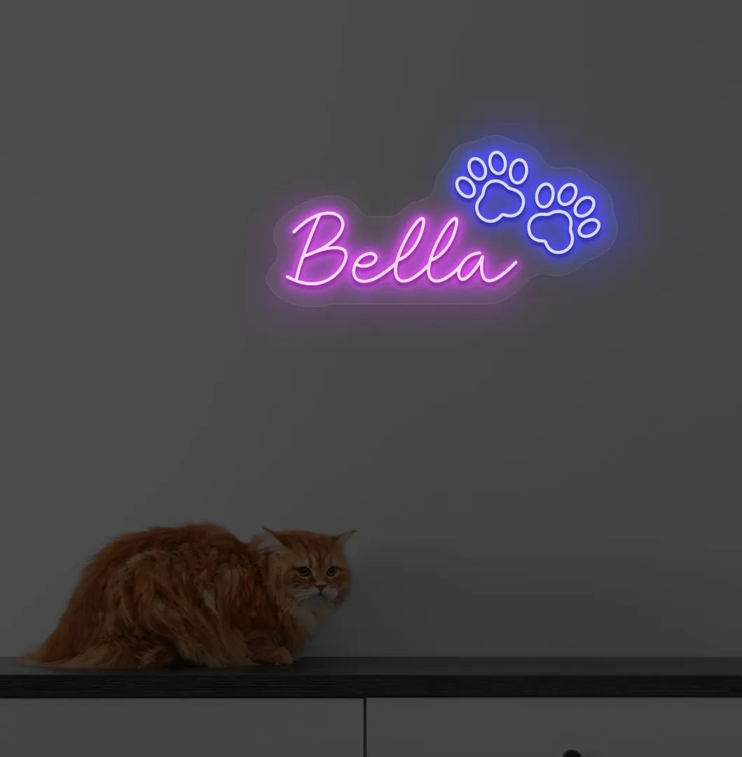 Personalized Pet Name LED neon sign mounted on modern home wall in purple color.