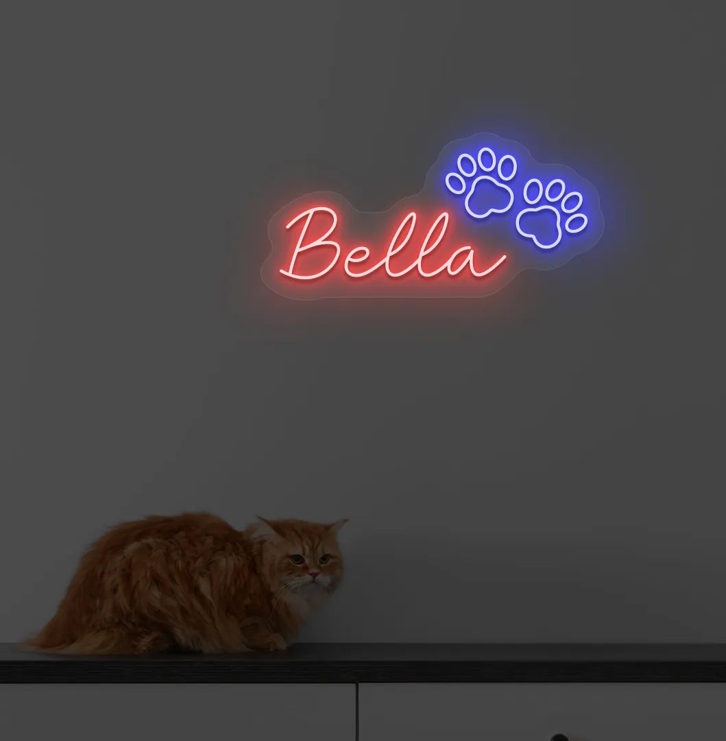 Personalized Pet Name neon sign in red color mounted on modern wall.