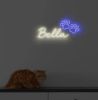 Personalized Pet Name LED neon sign mounted on modern home wall in warm white color.