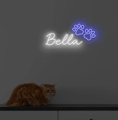 Personalized Pet Name neon sign in white color mounted on modern wall.