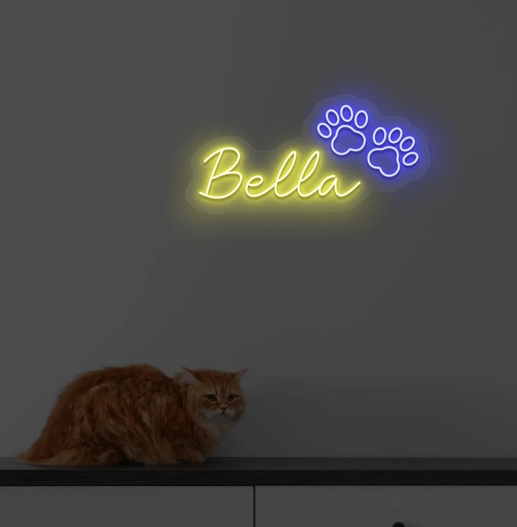 Personalized Pet Name LED neon sign mounted on modern home wall in yellow color.