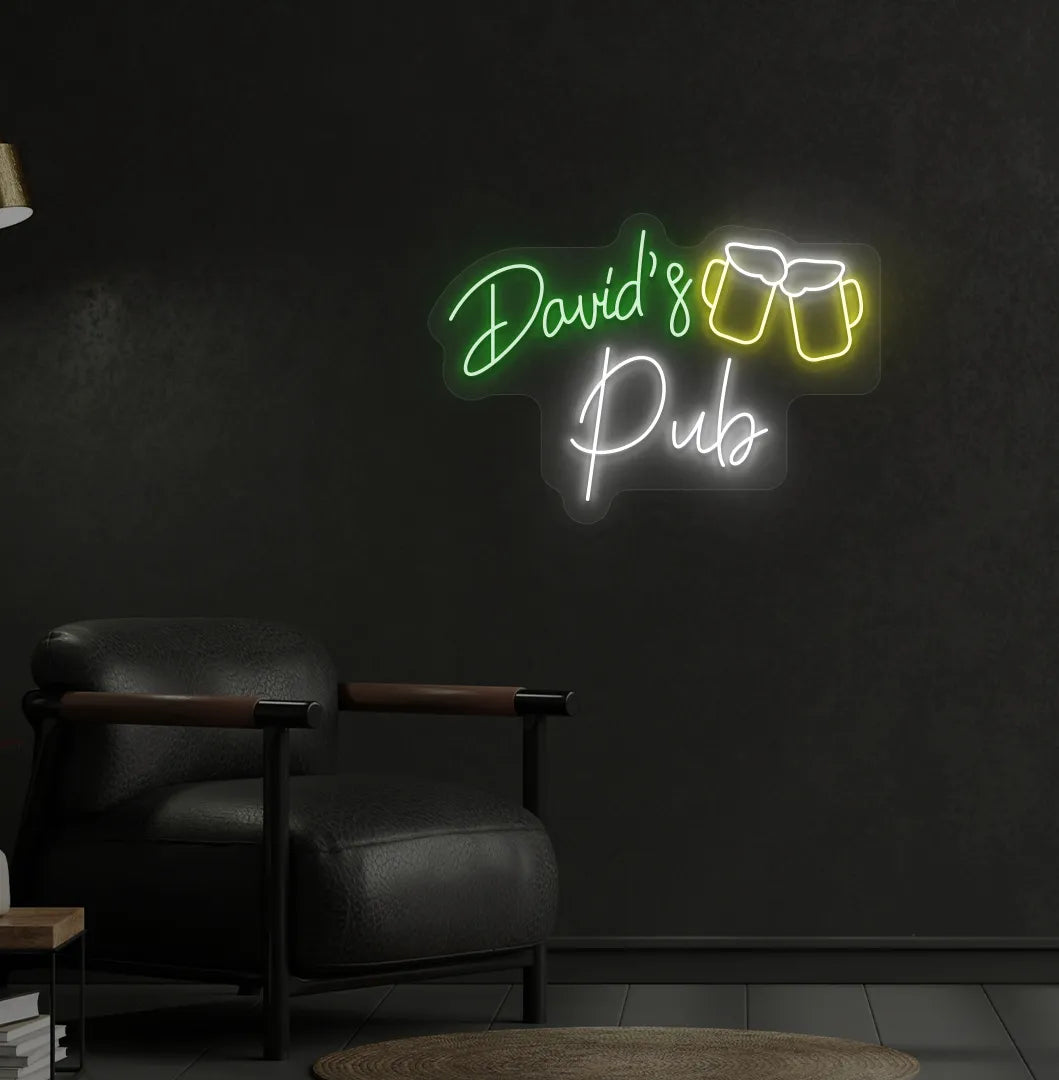 Stylish personalized pub name neon sign mounted on aesthetic wall in green color.