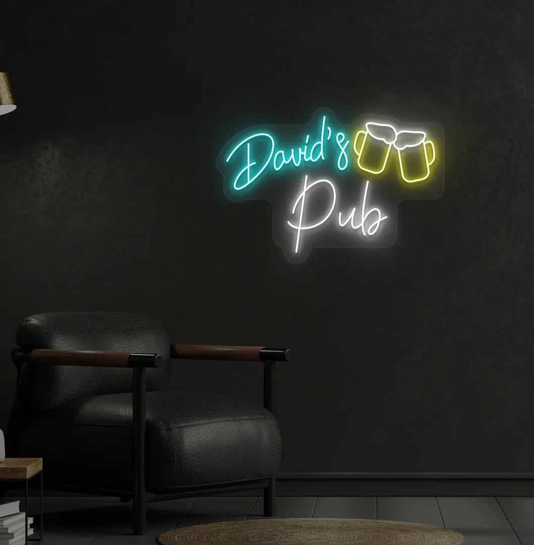 Personalized Pub Name neon sign in ice blue color mounted on aesthetic wall.