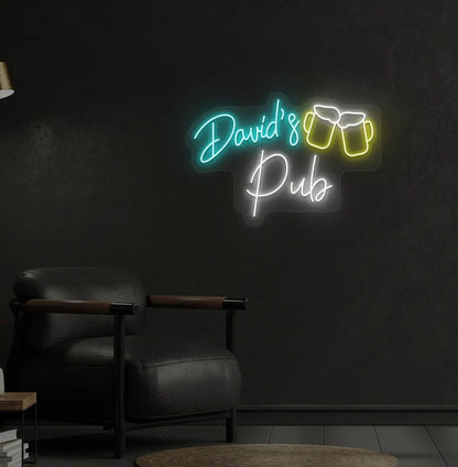 Personalized Pub Name neon sign in ice blue color mounted on aesthetic wall.