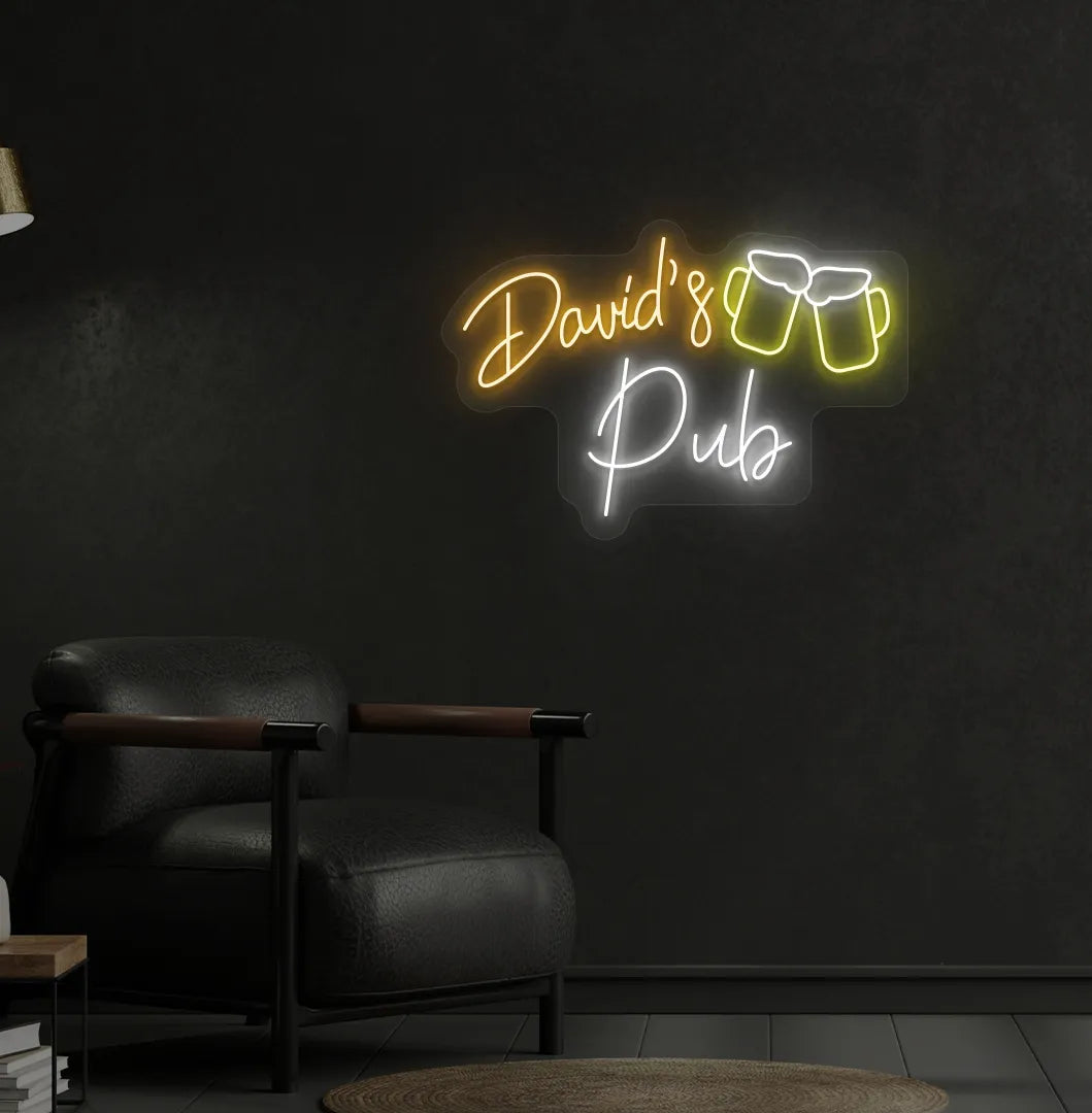 Stylish personalized pub name neon sign mounted on aesthetic wall in orange color.